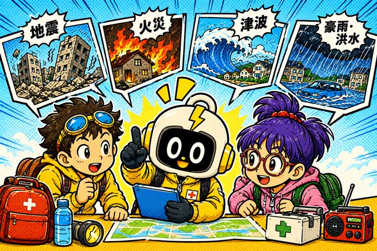 地震・火災・津波・豪雨を学ぶキャラクターたち