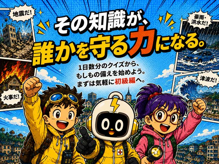 拳を突き上げる3人のキャラクター。地震・火事・豪雨・津波のコマに囲まれて「その知識が、誰かを守る力になる。」